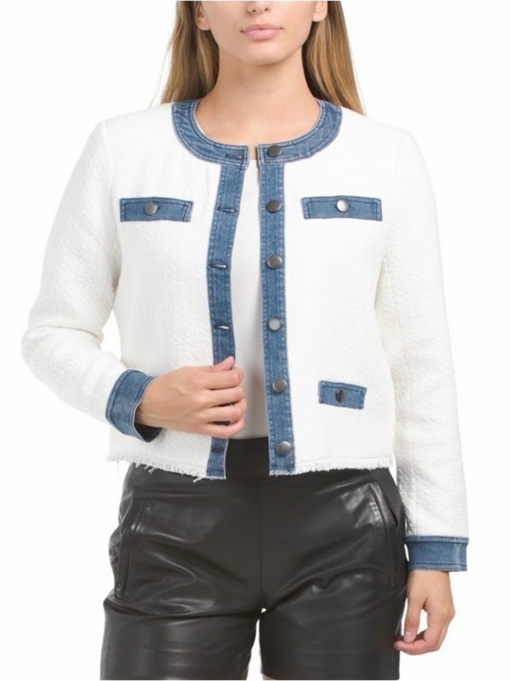 #644 ECRU Mixed Media Tweed Jacket with Blue Denim Trim. NWT - Picture 3 of 14